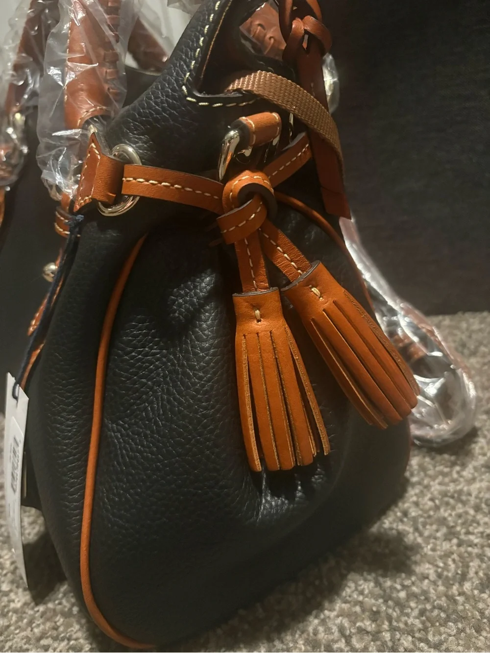 Dooney & Bourke Black Pebble Leather Satchel with Brown Trim